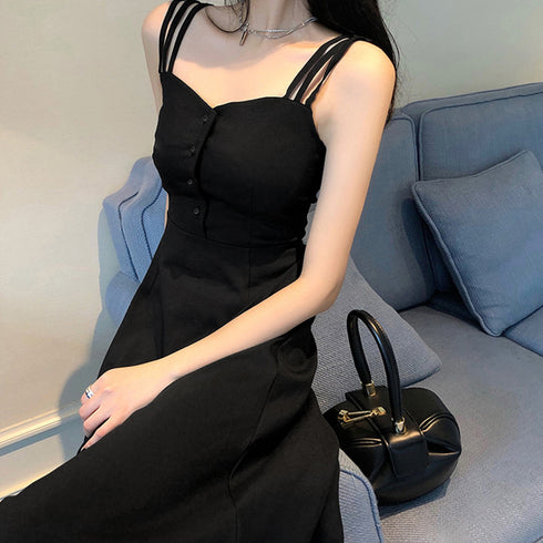 韓国風 キャミワンピース レディース 夏 セクシーワンピース ハイウエストワンピース 細見え aライン 膝丈ワンピース きれいめノースリーブ ワンピース黒 着やせ 2YIGULI-013