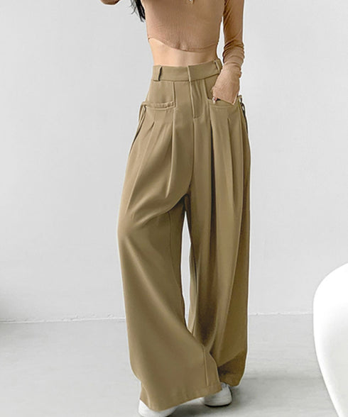 ワイドパンツレディースハイウエスト韓国風 イージーパンツ 体型カバー おしゃれロングパンツ ストリート ゆったり カジュアル ボトムス タック入り スラックス無地 2YIGULI-022