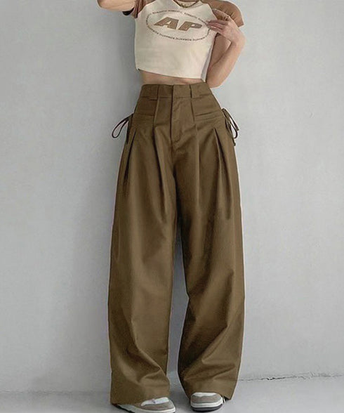 ワイドパンツレディースハイウエスト韓国風 イージーパンツ 体型カバー おしゃれロングパンツ ストリート ゆったり カジュアル ボトムス タック入り スラックス無地 2YIGULI-022