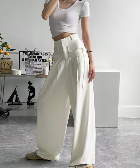 ワイドパンツレディースハイウエスト韓国風 イージーパンツ 体型カバー おしゃれロングパンツ ストリート ゆったり カジュアル ボトムス タック入り スラックス無地 2YIGULI-022