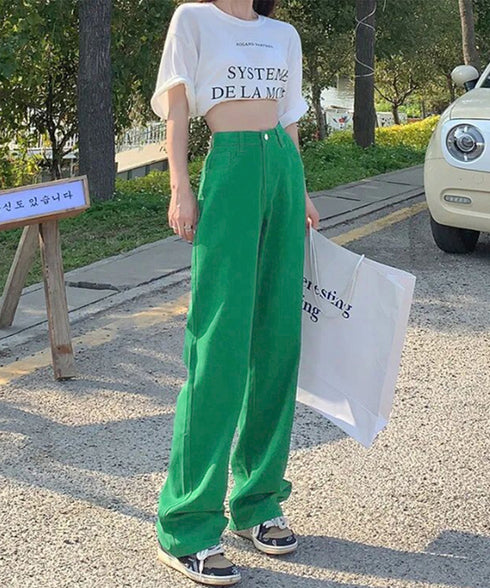 ハイウエスト デニムカラーパンツ 韓国風 レディース ストレートデニム ゆったり キャンディーカラー ロングパンツ カジュアル ワイドパンツ お洒落ジーパン 脚長 2YIGULI-029