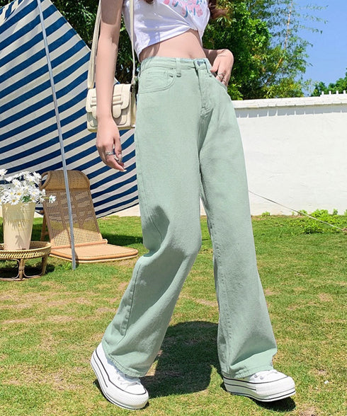 ハイウエスト デニムカラーパンツ 韓国風 レディース ストレートデニム ゆったり キャンディーカラー ロングパンツ カジュアル ワイドパンツ お洒落ジーパン 脚長 2YIGULI-029