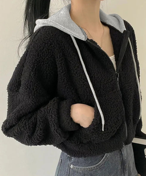 暖かいボアパーカー ジップアップブルゾン 韓国風 ふわふわフーディ ショート丈パーカー レディース クロップド 厚手フリースジャケットもこもこ ライトアウター軽量 2YIGULI-038