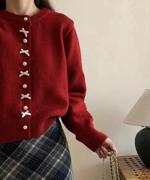 リボンニットカーディガンパールボタン無地 ニットセーターレディース クルーネック デザインニット ガーリーきれいめフェミニン秋服 韓国風 大人可愛いニットトップス 2YIKE-008