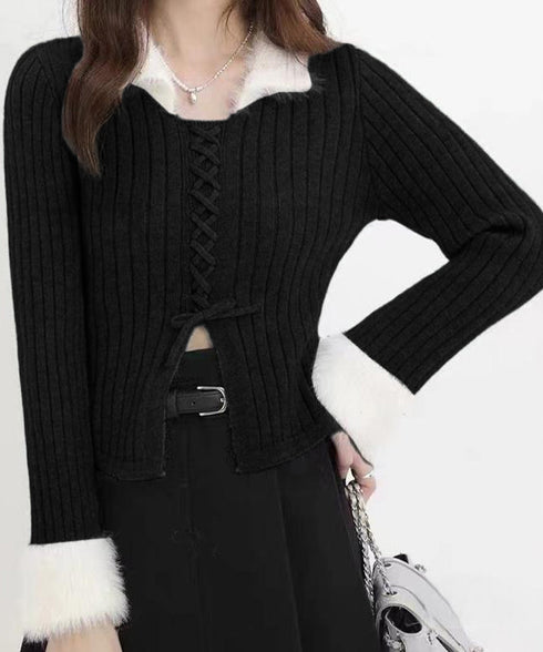 ファー襟 レースアップニットトップス配色 フェミニン ショート丈ニットセーター セクシーニット ふわふわエコファー切り替えトップス 細見えスリムニット 大人可愛い 2YIKE-009