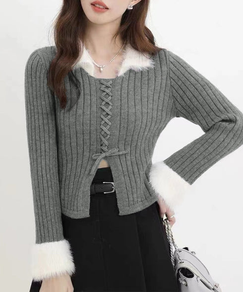 ファー襟 レースアップニットトップス配色 フェミニン ショート丈ニットセーター セクシーニット ふわふわエコファー切り替えトップス 細見えスリムニット 大人可愛い 2YIKE-009