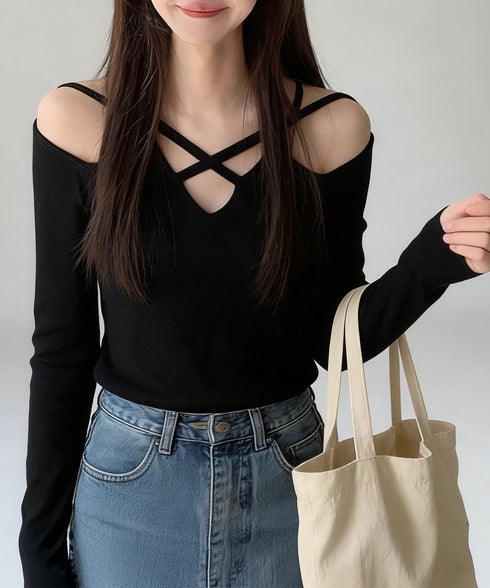 オフショルダーTシャツ クロスストラップ タイトトップス レディース 指穴付き フィットカットソー セクシー 肌見せインナートップス 着やせ 肩出しtシャツ 薄手 2YIKE-010