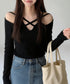 オフショルダーTシャツ クロスストラップ タイトトップス レディース 指穴付き フィットカットソー セクシー 肌見せインナートップス 着やせ 肩出しtシャツ 薄手 2YIKE-010