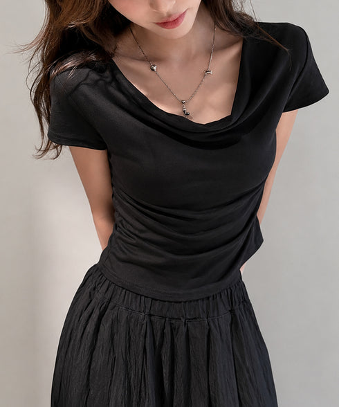 オフショルTシャツ 胸元ドレープトップス レディース ワンショルダーtシャツ サイドギャザー入り半袖カットソー着やせ 夏涼しいタイトTシャツ薄手カットソー 韓国風 2YIKE-014