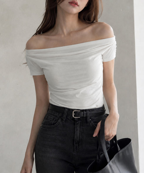 オフショルTシャツ 胸元ドレープトップス レディース ワンショルダーtシャツ サイドギャザー入り半袖カットソー着やせ 夏涼しいタイトTシャツ薄手カットソー 韓国風 2YIKE-014