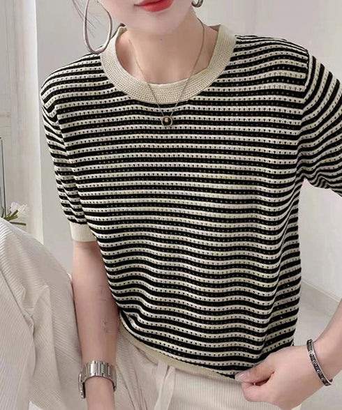 ボーダー柄サマーニットトップス 半袖春夏 レディース ニットソー 配色 クルーネック 薄手ニットTシャツ 着やせトップス 大人カジュアル 韓国プルオーバーおしゃれ 2YTONG-018