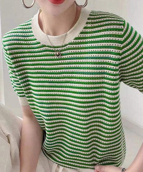 ボーダー柄サマーニットトップス 半袖春夏 レディース ニットソー 配色 クルーネック 薄手ニットTシャツ 着やせトップス 大人カジュアル 韓国プルオーバーおしゃれ 2YTONG-018
