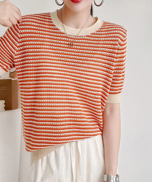 ボーダー柄サマーニットトップス 半袖春夏 レディース ニットソー 配色 クルーネック 薄手ニットTシャツ 着やせトップス 大人カジュアル 韓国プルオーバーおしゃれ 2YTONG-018