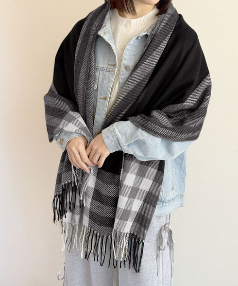 チェック柄マフラーレディース大判ストール 暖かいカシミヤ風マフラー リバーシブルフリンジマフラー大人可愛い ストライプ柄ひざ掛け秋冬肩掛け ネックウォーマー韓国風 2YUEQIAO-003