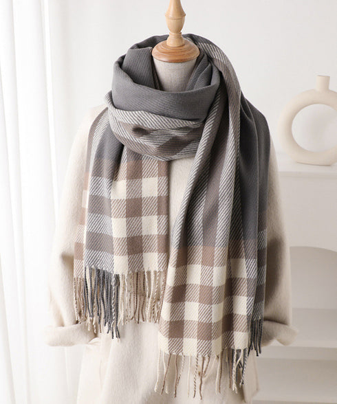 チェック柄マフラーレディース大判ストール 暖かいカシミヤ風マフラー リバーシブルフリンジマフラー大人可愛い ストライプ柄ひざ掛け秋冬肩掛け ネックウォーマー韓国風 2YUEQIAO-003