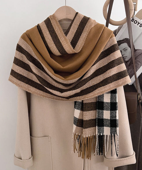チェック柄マフラーレディース大判ストール 暖かいカシミヤ風マフラー リバーシブルフリンジマフラー大人可愛い ストライプ柄ひざ掛け秋冬肩掛け ネックウォーマー韓国風 2YUEQIAO-003
