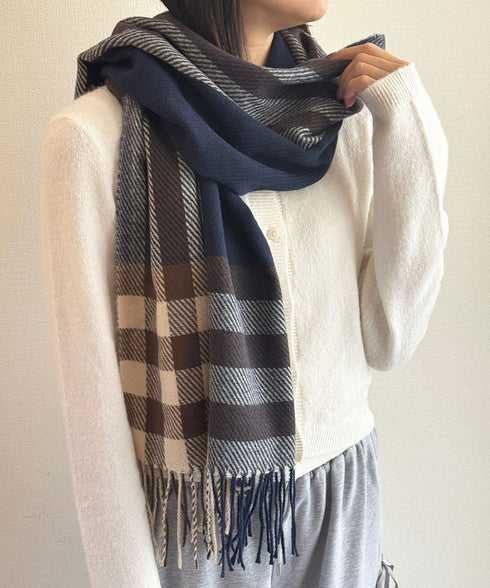 チェック柄マフラーレディース大判ストール 暖かいカシミヤ風マフラー リバーシブルフリンジマフラー大人可愛い ストライプ柄ひざ掛け秋冬肩掛け ネックウォーマー韓国風 2YUEQIAO-003