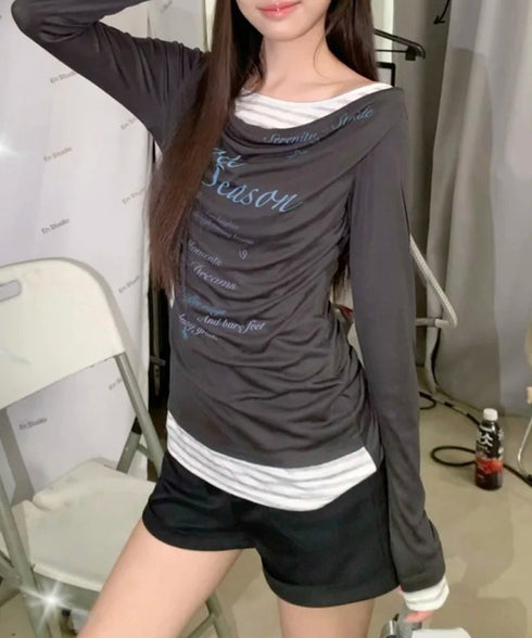 ドレープネックトップスレイヤード風ロゴT レディースカウルネックロンT重ね着風 細身Tシャツ長袖 シアーロングtシャツ薄手プルオーバー韓国風レタリングT Y2K風 2YUNYK-001