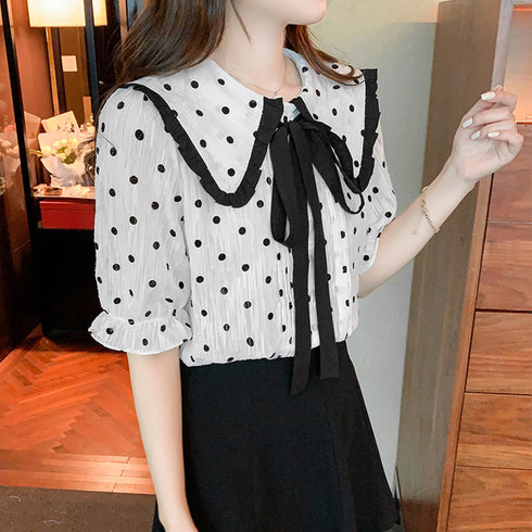 ドット柄 ボウタイブラウス レディース夏 可愛い セーラーカラーブラウス 水玉シャツブラウス 半袖 シフォンブラウス リボンタイブラウス 春夏秋 袖フリルレトロ風 2AMIY-001