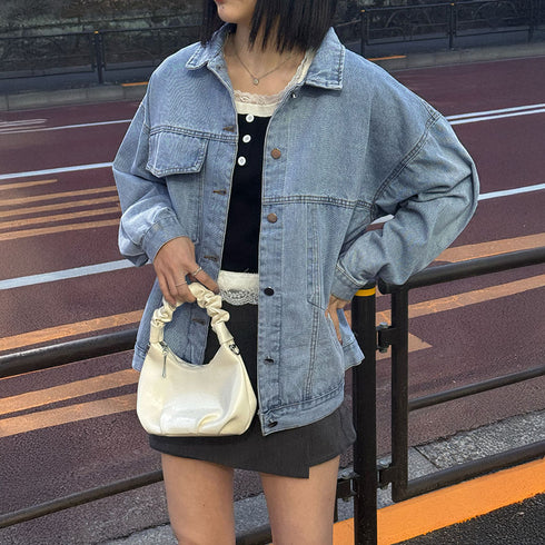 デニムジャケットゆったり レディース春秋 ストリート風 デニム羽織 長袖 無地 ジージャン 大人カジュアル 着やせ アウター 体型カバー おしゃれ 韓国風Gジャン 2AMIY-002