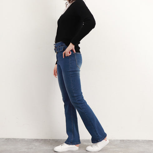 セミフレアデニムパンツ レディース 美脚 ベルト付き ストレッチパンツ ハイウエスト デニムスキニー 韓国風 フィット感 着やせ脚長 カジュアル ジーンズ レトロ 2AMIY-004