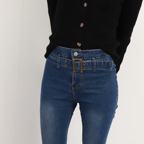 セミフレアデニムパンツ レディース 美脚 ベルト付き ストレッチパンツ ハイウエスト デニムスキニー 韓国風 フィット感 着やせ脚長 カジュアル ジーンズ レトロ 2AMIY-004