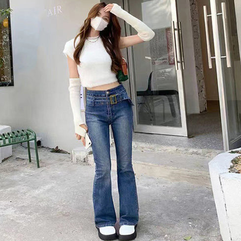 セミフレアデニムパンツ レディース 美脚 ベルト付き ストレッチパンツ ハイウエスト デニムスキニー 韓国風 フィット感 着やせ脚長 カジュアル ジーンズ レトロ 2AMIY-004