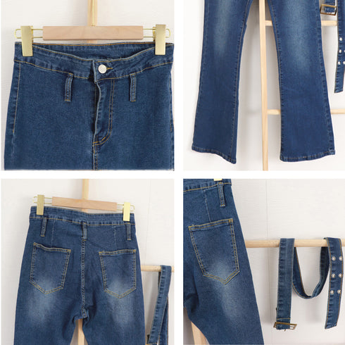セミフレアデニムパンツ レディース 美脚 ベルト付き ストレッチパンツ ハイウエスト デニムスキニー 韓国風 フィット感 着やせ脚長 カジュアル ジーンズ レトロ 2AMIY-004