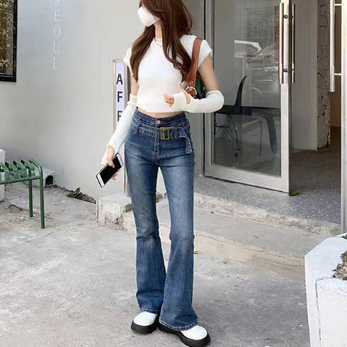 セミフレアデニムパンツ レディース 美脚 ベルト付き ストレッチパンツ ハイウエスト デニムスキニー 韓国風 フィット感 着やせ脚長 カジュアル ジーンズ レトロ 2AMIY-004