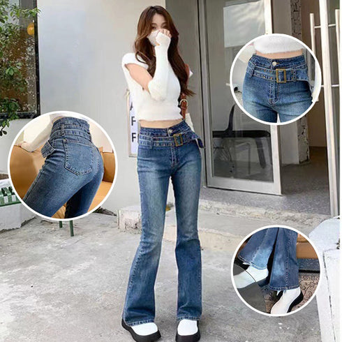 セミフレアデニムパンツ レディース 美脚 ベルト付き ストレッチパンツ ハイウエスト デニムスキニー 韓国風 フィット感 着やせ脚長 カジュアル ジーンズ レトロ 2AMIY-004