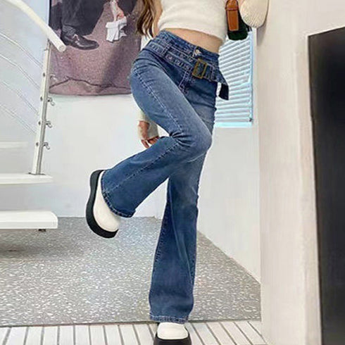 セミフレアデニムパンツ レディース 美脚 ベルト付き ストレッチパンツ ハイウエスト デニムスキニー 韓国風 フィット感 着やせ脚長 カジュアル ジーンズ レトロ 2AMIY-004