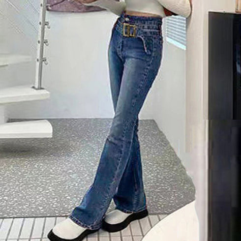 セミフレアデニムパンツ レディース 美脚 ベルト付き ストレッチパンツ ハイウエスト デニムスキニー 韓国風 フィット感 着やせ脚長 カジュアル ジーンズ レトロ 2AMIY-004