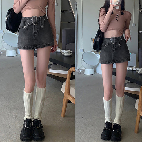キュロットデニムスカート ハイウエスト レディース ベルト付きミニスカパン チラ見せ防止 タイトスカート セクシー ショートスカート 韓国おしゃれ 美脚ボトムス 2AMIY-006