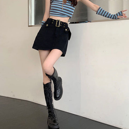 キュロットデニムスカート ハイウエスト レディース ベルト付きミニスカパン チラ見せ防止 タイトスカート セクシー ショートスカート 韓国おしゃれ 美脚ボトムス 2AMIY-006