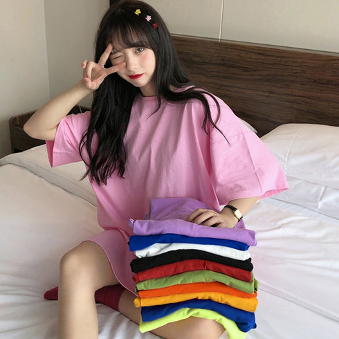 ロングtシャツ レディースビッグtシャツ シンプル チュニックロンT 半袖 カジュアル クルーネックカットソー 無地 ゆったりプルオーバー 体型カバーおしゃれ夏服 2AMIY-008