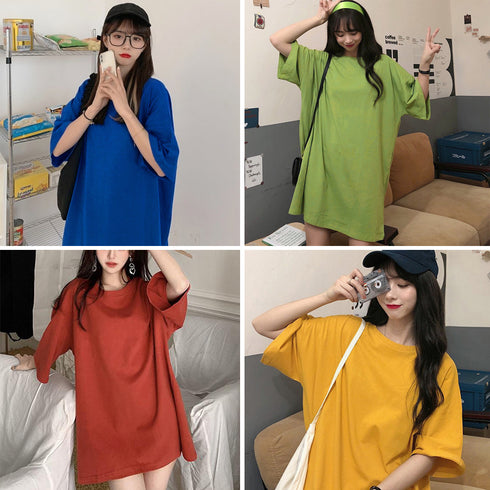 ロングtシャツ レディースビッグtシャツ シンプル チュニックロンT 半袖 カジュアル クルーネックカットソー 無地 ゆったりプルオーバー 体型カバーおしゃれ夏服 2AMIY-008