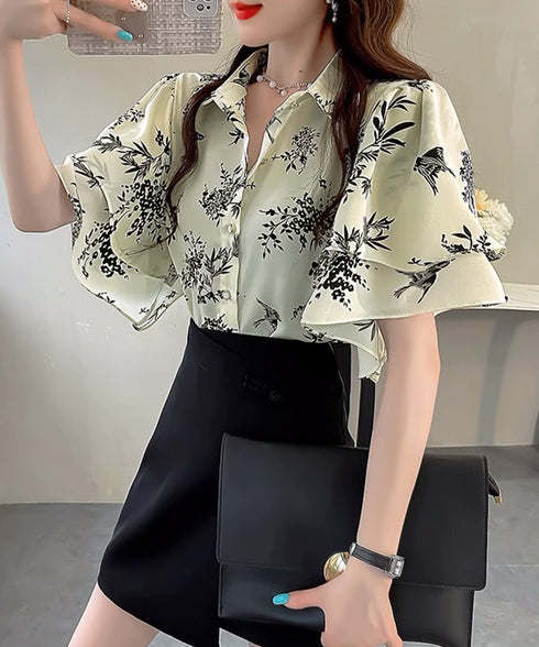 総柄ブラウスダブルフレアスリーブトップス レディース ゆったり シャツブラウス 着やせ 花柄シャツ ドレープ袖 ボタニカル柄フリルブラウス 大人女性抜け感 韓国風 2AMIY-009