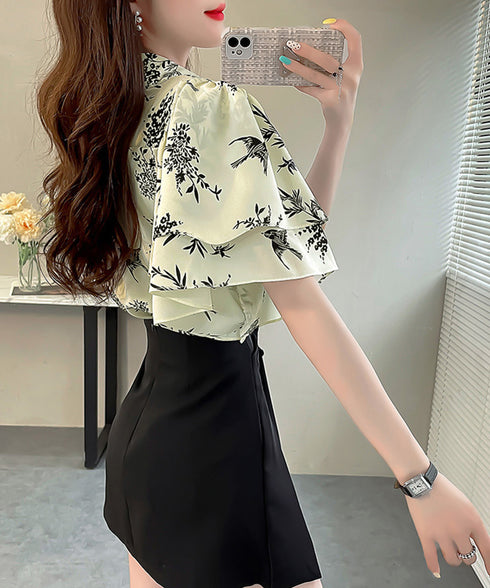 総柄ブラウスダブルフレアスリーブトップス レディース ゆったり シャツブラウス 着やせ 花柄シャツ ドレープ袖 ボタニカル柄フリルブラウス 大人女性抜け感 韓国風 2AMIY-009