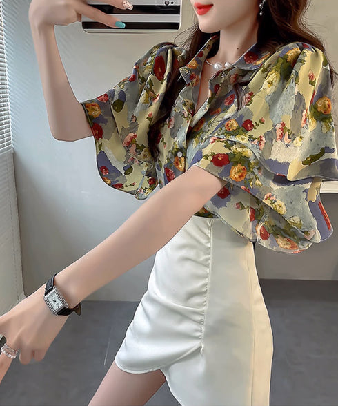 総柄ブラウスダブルフレアスリーブトップス レディース ゆったり シャツブラウス 着やせ 花柄シャツ ドレープ袖 ボタニカル柄フリルブラウス 大人女性抜け感 韓国風 2AMIY-009