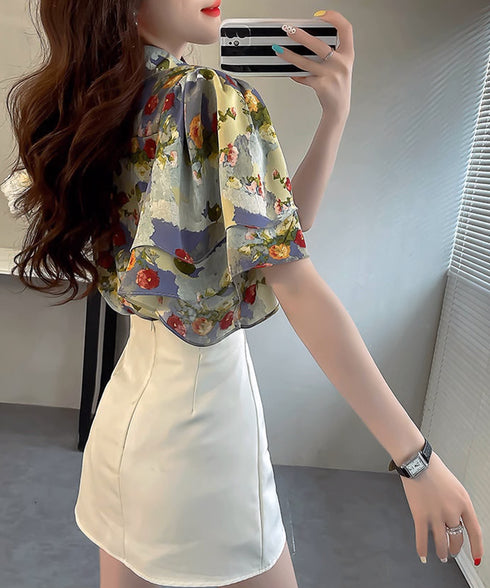 総柄ブラウスダブルフレアスリーブトップス レディース ゆったり シャツブラウス 着やせ 花柄シャツ ドレープ袖 ボタニカル柄フリルブラウス 大人女性抜け感 韓国風 2AMIY-009