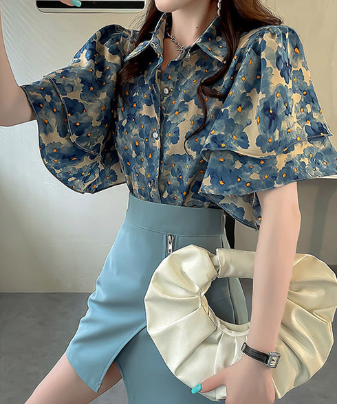 総柄ブラウスダブルフレアスリーブトップス レディース ゆったり シャツブラウス 着やせ 花柄シャツ ドレープ袖 ボタニカル柄フリルブラウス 大人女性抜け感 韓国風 2AMIY-009