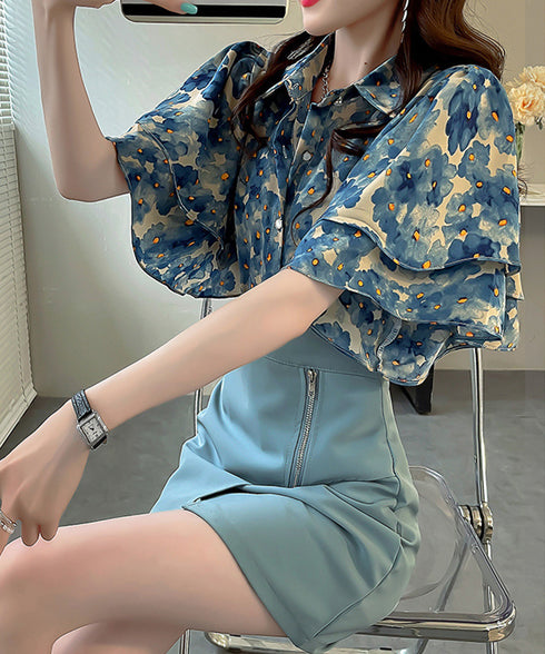 総柄ブラウスダブルフレアスリーブトップス レディース ゆったり シャツブラウス 着やせ 花柄シャツ ドレープ袖 ボタニカル柄フリルブラウス 大人女性抜け感 韓国風 2AMIY-009