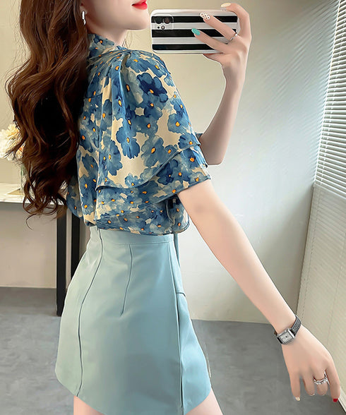 総柄ブラウスダブルフレアスリーブトップス レディース ゆったり シャツブラウス 着やせ 花柄シャツ ドレープ袖 ボタニカル柄フリルブラウス 大人女性抜け感 韓国風 2AMIY-009