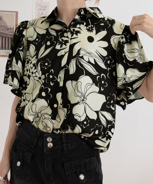 総柄ブラウスダブルフレアスリーブトップス レディース ゆったり シャツブラウス 着やせ 花柄シャツ ドレープ袖 ボタニカル柄フリルブラウス 大人女性抜け感 韓国風 2AMIY-009