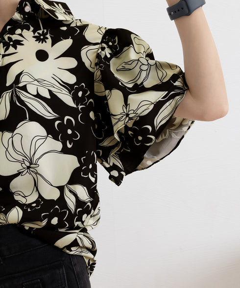 総柄ブラウスダブルフレアスリーブトップス レディース ゆったり シャツブラウス 着やせ 花柄シャツ ドレープ袖 ボタニカル柄フリルブラウス 大人女性抜け感 韓国風 2AMIY-009