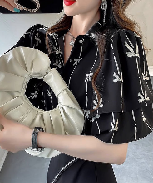 総柄ブラウスダブルフレアスリーブトップス レディース ゆったり シャツブラウス 着やせ 花柄シャツ ドレープ袖 ボタニカル柄フリルブラウス 大人女性抜け感 韓国風 2AMIY-009