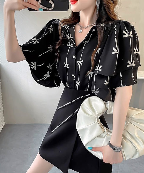 総柄ブラウスダブルフレアスリーブトップス レディース ゆったり シャツブラウス 着やせ 花柄シャツ ドレープ袖 ボタニカル柄フリルブラウス 大人女性抜け感 韓国風 2AMIY-009