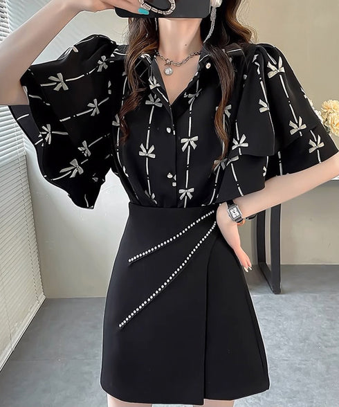 総柄ブラウスダブルフレアスリーブトップス レディース ゆったり シャツブラウス 着やせ 花柄シャツ ドレープ袖 ボタニカル柄フリルブラウス 大人女性抜け感 韓国風 2AMIY-009