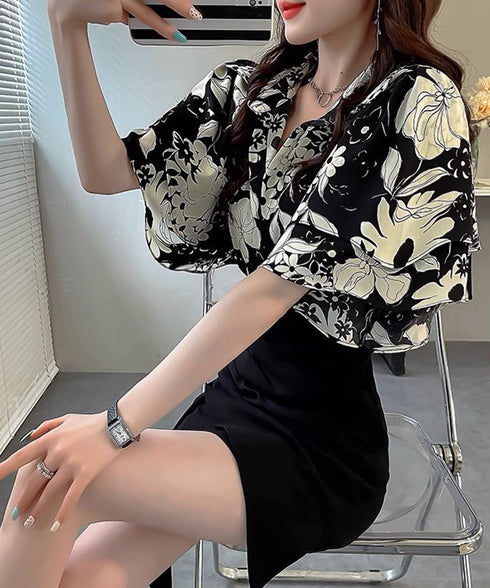 総柄ブラウスダブルフレアスリーブトップス レディース ゆったり シャツブラウス 着やせ 花柄シャツ ドレープ袖 ボタニカル柄フリルブラウス 大人女性抜け感 韓国風 2AMIY-009