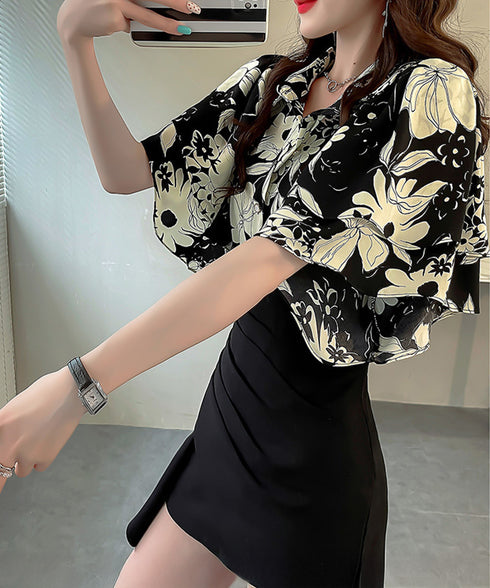 総柄ブラウスダブルフレアスリーブトップス レディース ゆったり シャツブラウス 着やせ 花柄シャツ ドレープ袖 ボタニカル柄フリルブラウス 大人女性抜け感 韓国風 2AMIY-009